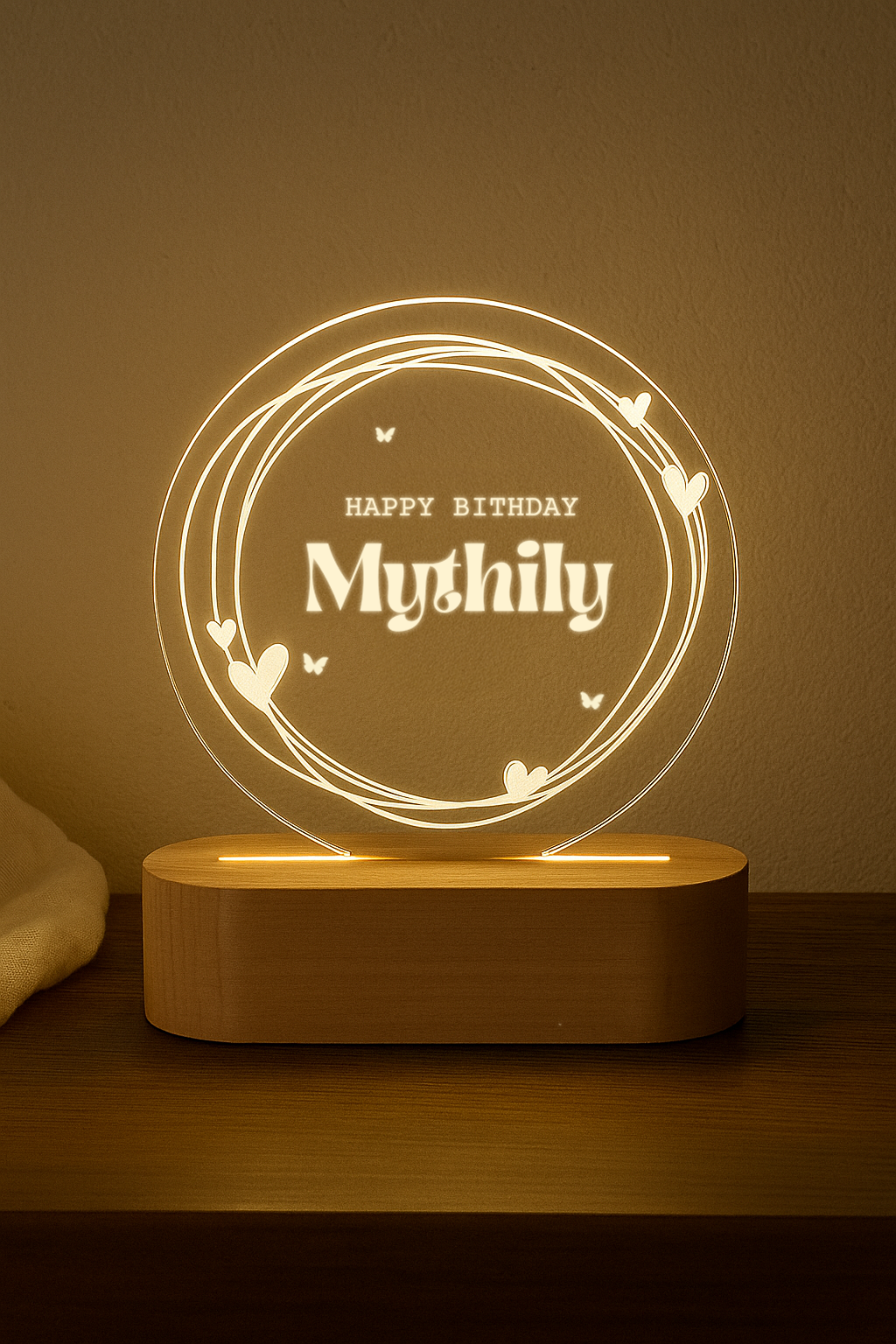 Personalized circular name lamp glowing in dark

