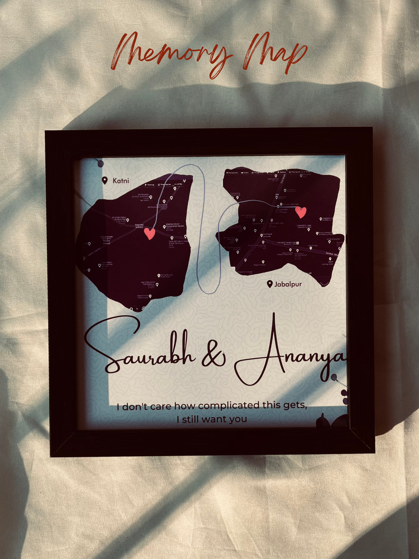 Custom map frame highlighting two cities with heart string – anniversary gift for couples