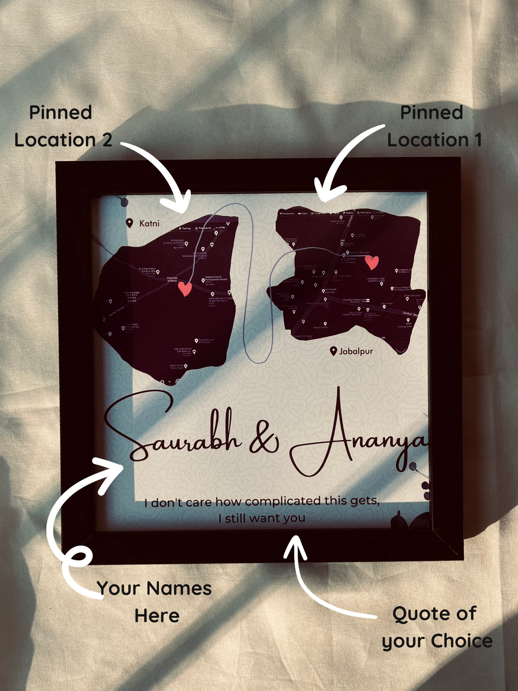 Close-up of connected locations and names – aesthetic home decor for couples