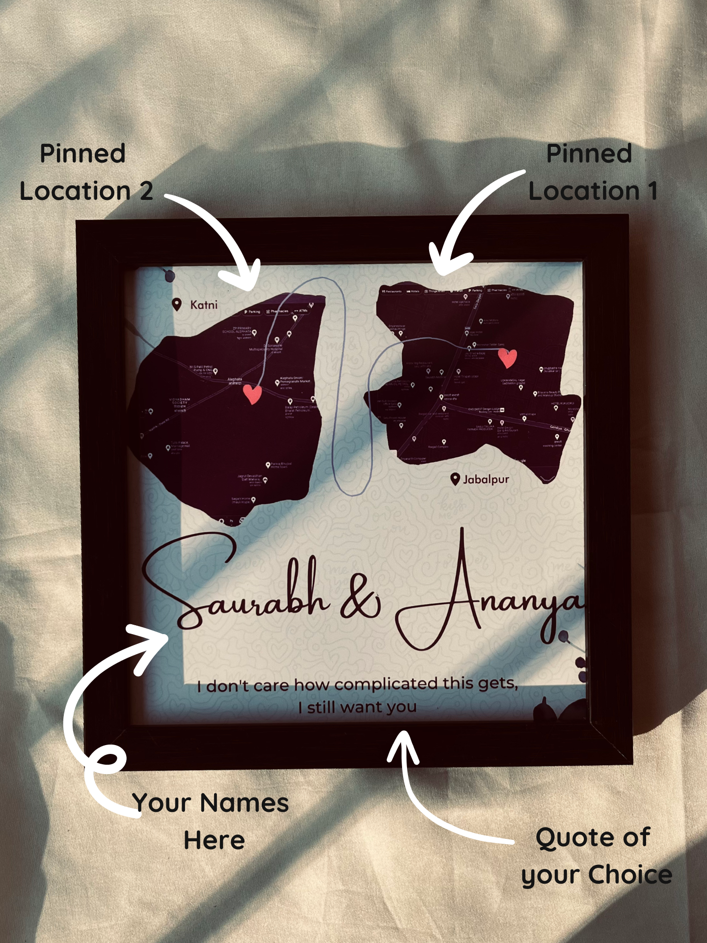 Close-up of connected locations and names – aesthetic home decor for couples