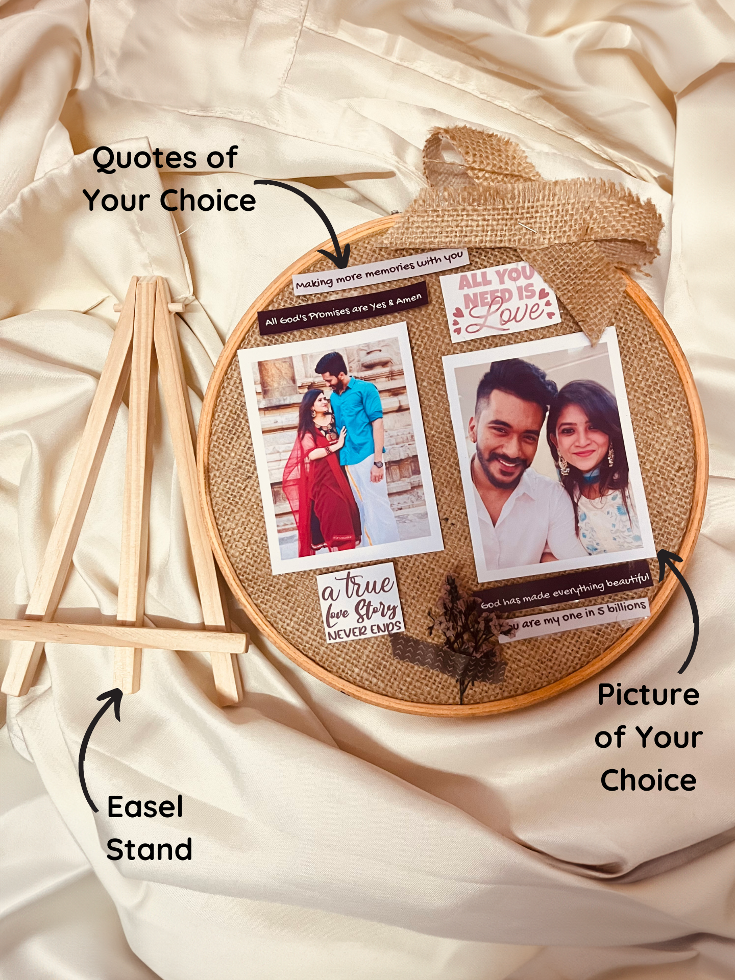 Personalized embroidery hoop frame with custom photos and quotes – aesthetic gift