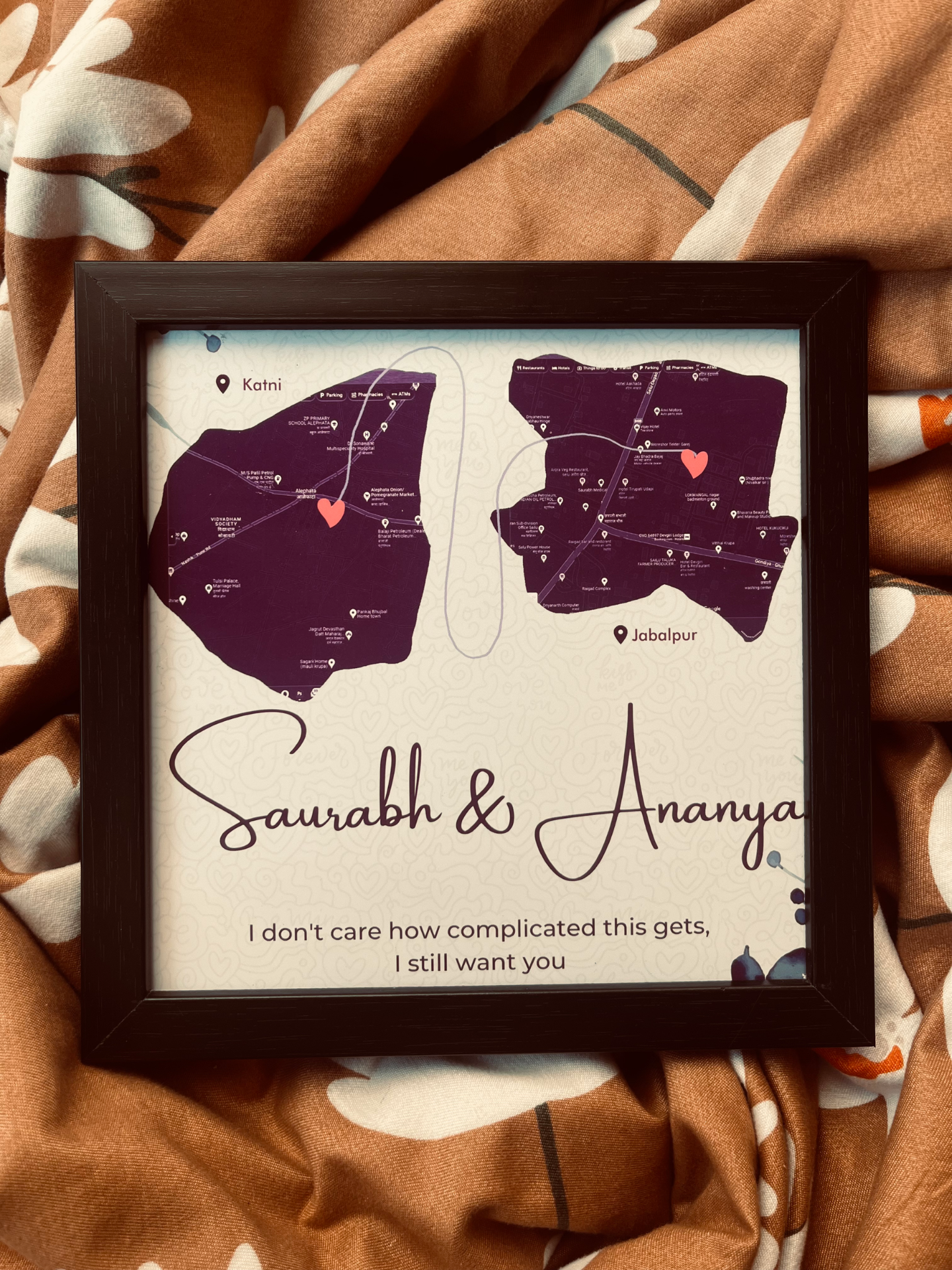 String of Love framed art connecting two locations – personalized long-distance gift