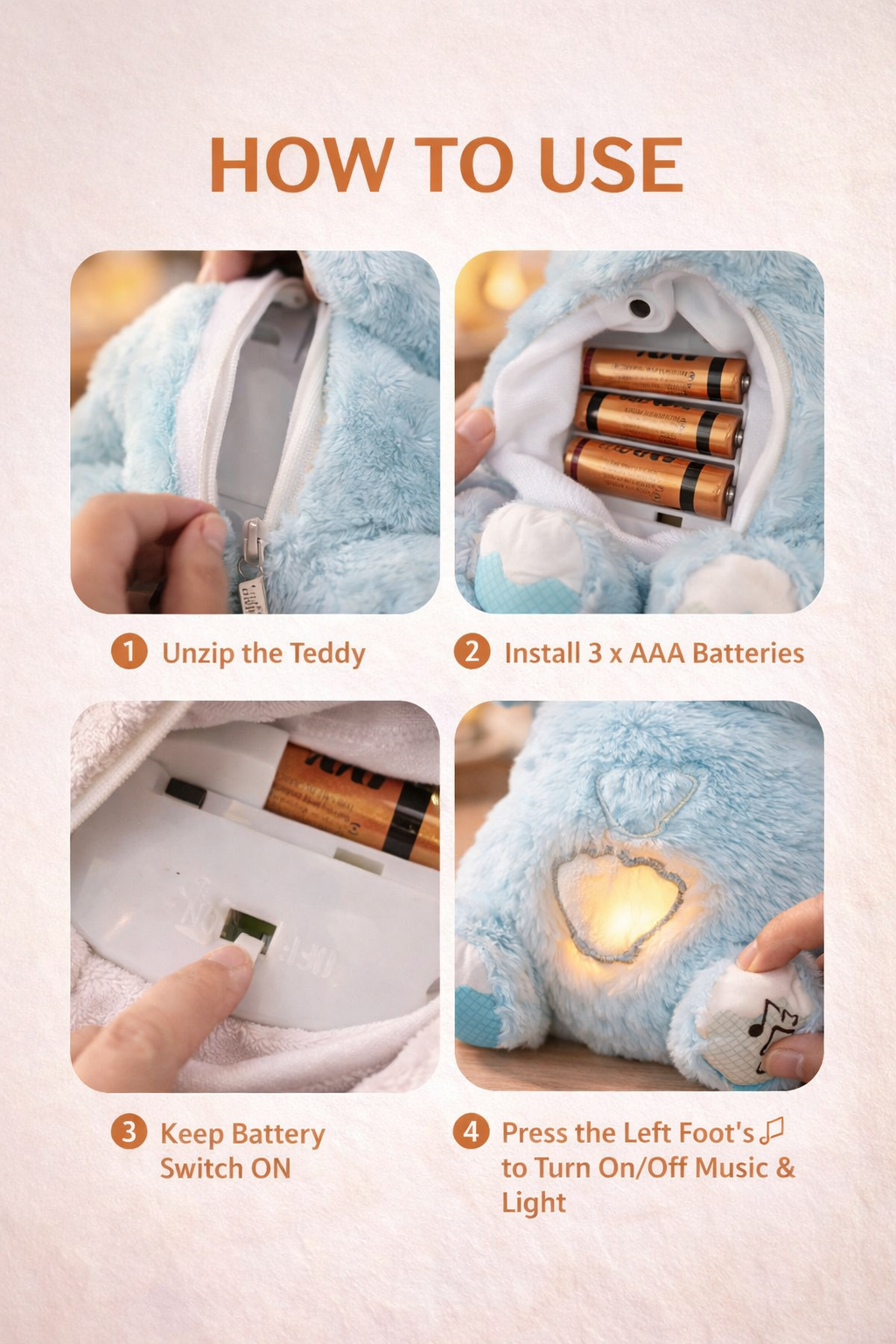 Breathing Teddy Bear with Soft Glow Light