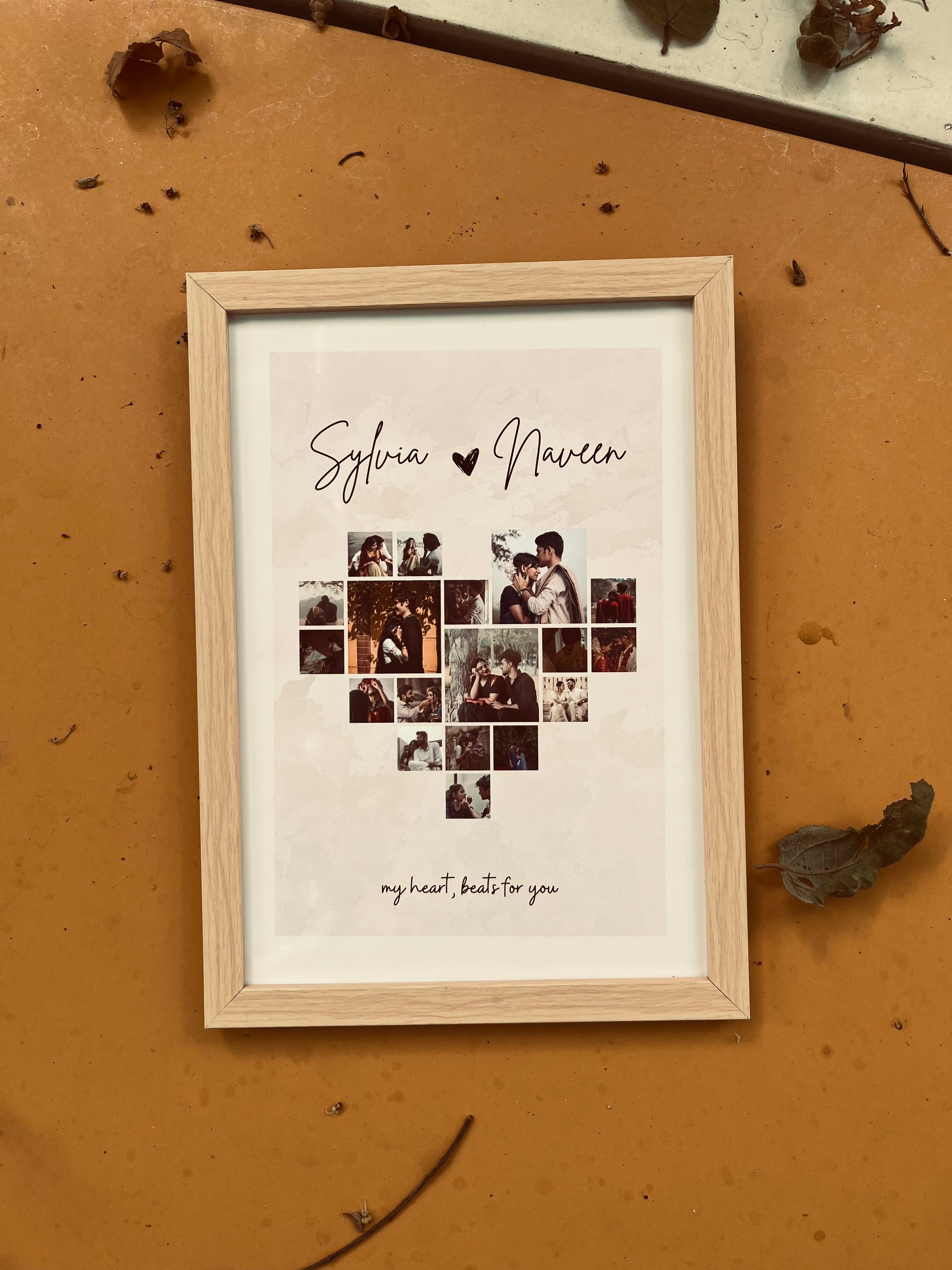 Heart-shaped photo collage featuring names and quote – romantic wedding present