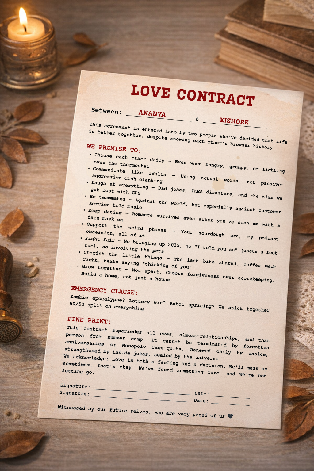 Personalized Love Contract for Couples – Custom Promise Agreement