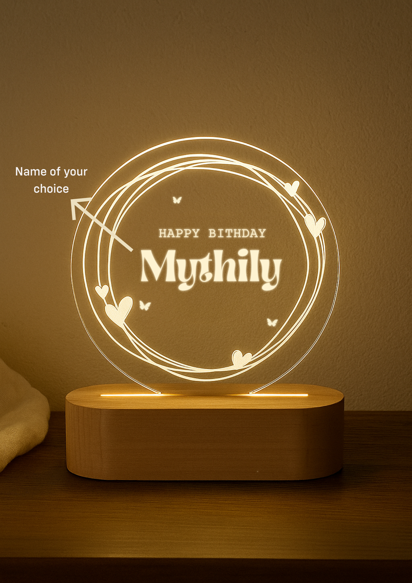 Custom name LED lamp with wooden base

