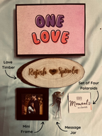 Set of four personalized Polaroids, Love Timber, Mini Frame, and Name Jar – unique anniversary hamper