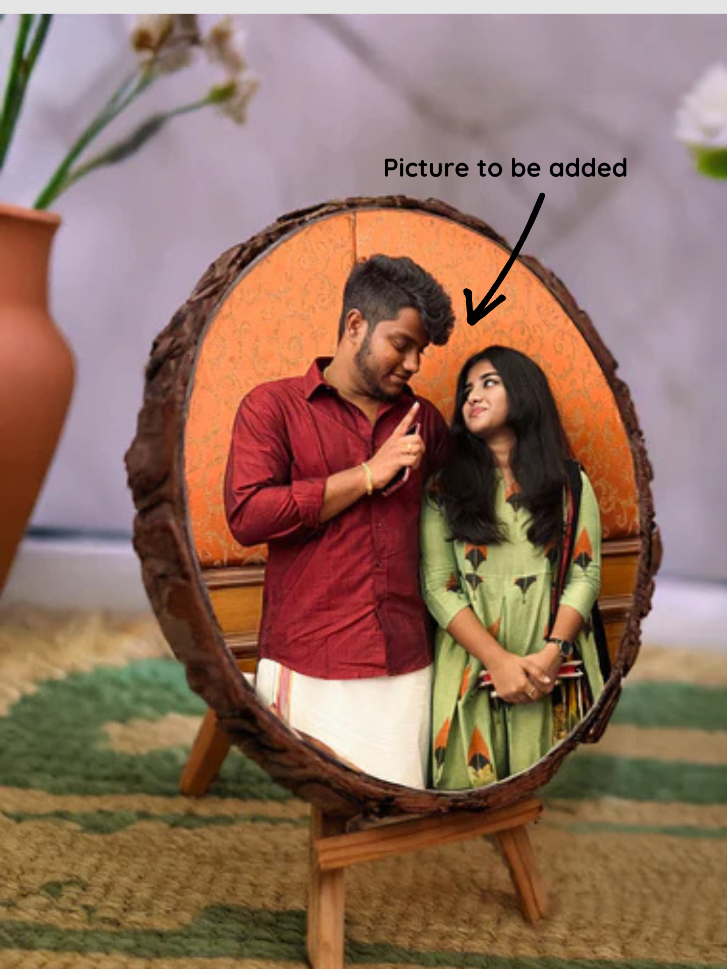 Custom couple wooden slice displayed on stand – unique wedding anniversary present