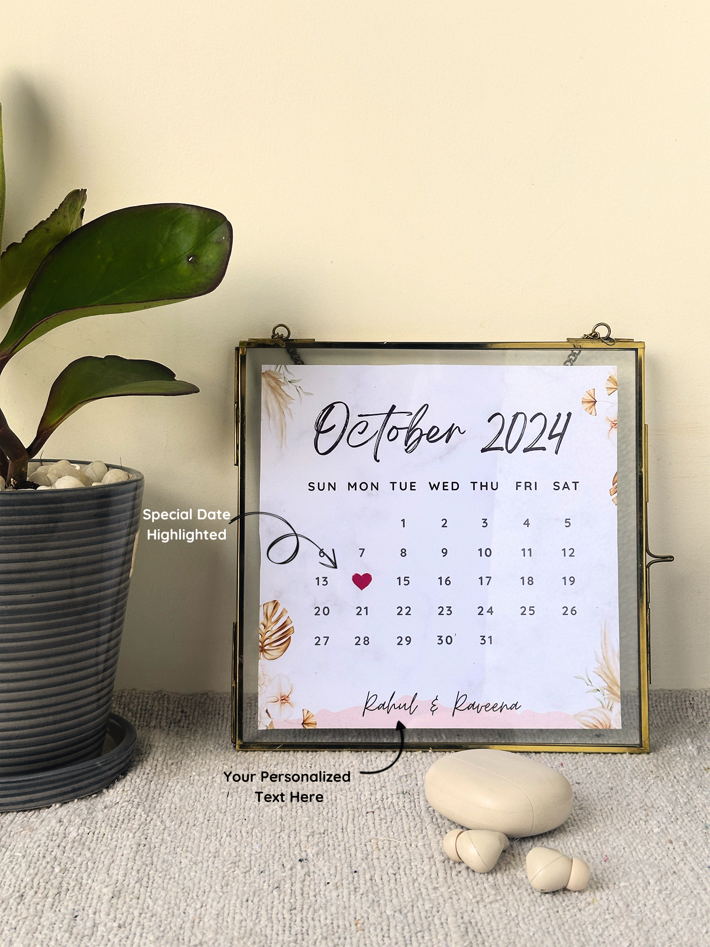 Elegant metal date frame with highlighted calendar day – personalized anniversary gift