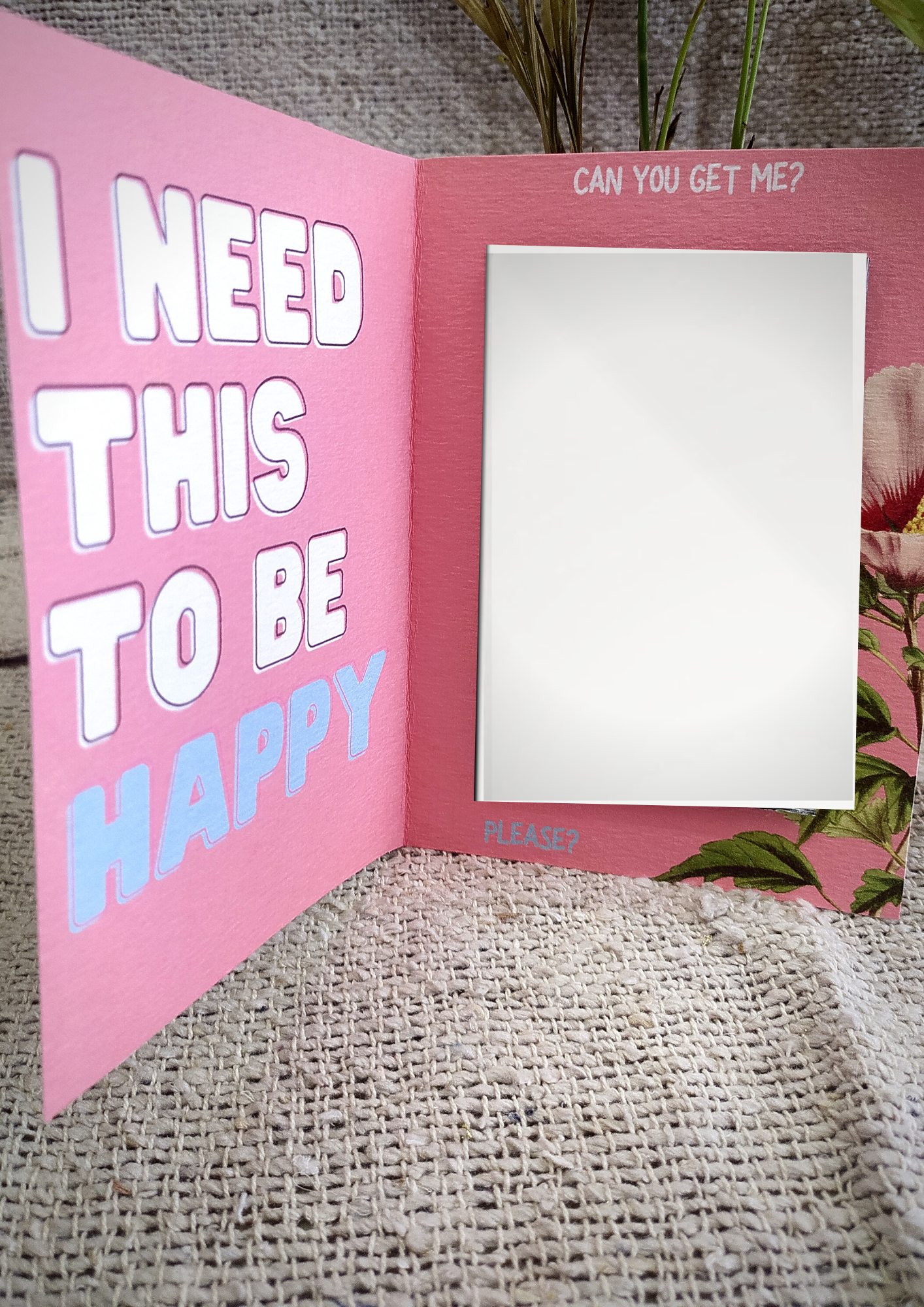 Custom mirror finish greeting card displayed on table – heartfelt anniversary gift